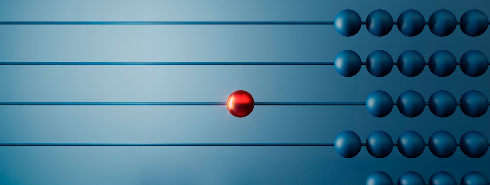 ábaco con una bolita roja atravesando y bolitas azules a  un lado de las filas